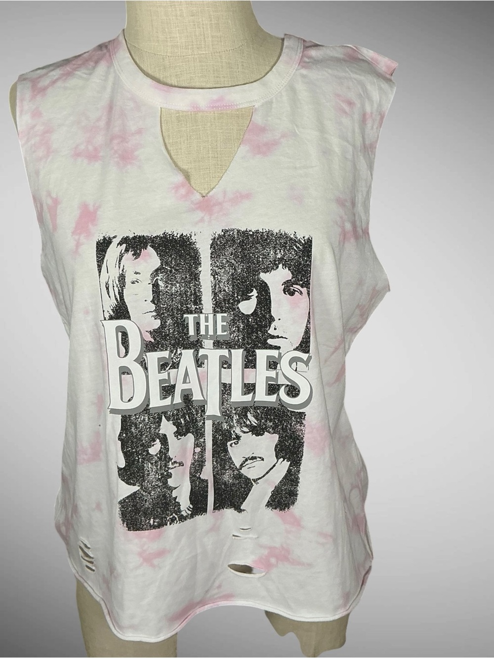 The Beatles Tie Dye Distressed Graphic Muscle Tee XL Cutout Rock Band Top